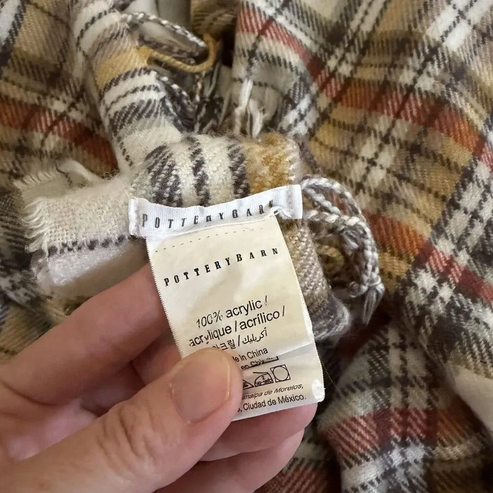 Pottery Barn Plaid Throw Blanket Yellow Brown Cream Fringe 50x60 Fall